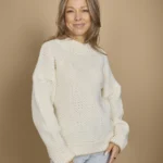 Sweter ecru z beżową lamówką z wełny merino